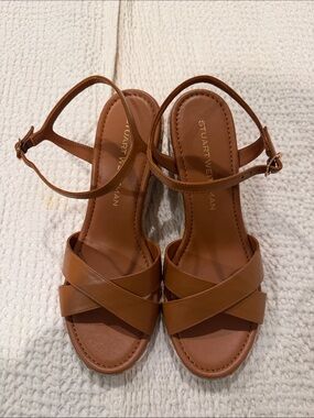 Stuart Weitzman Tan Leather Crisscross Ankle-Strap Heels